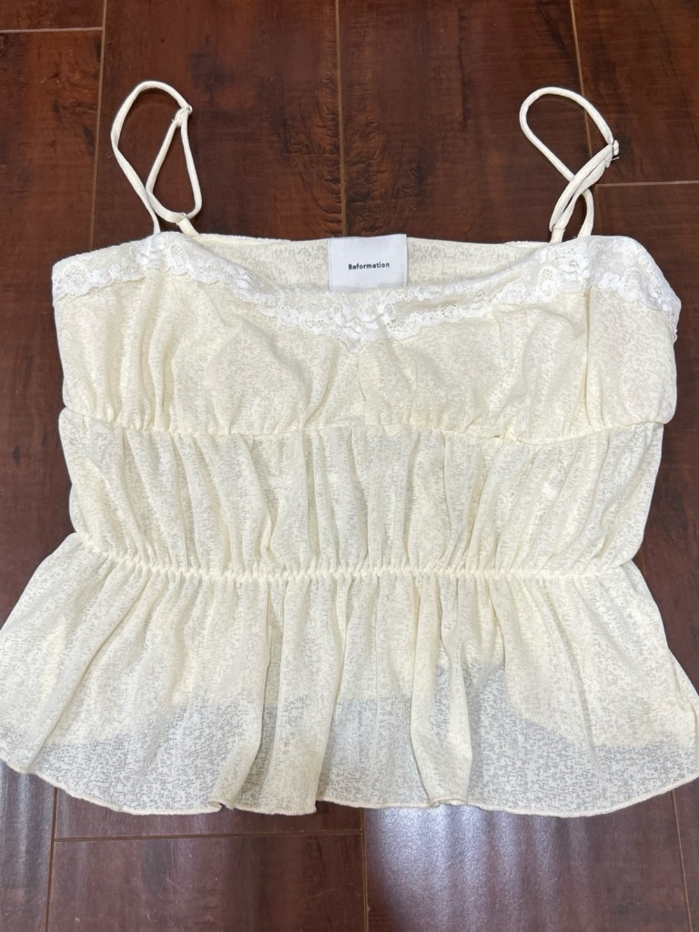 Reformation Cream Lace-Trim Spaghetti Strap Peplum Cami